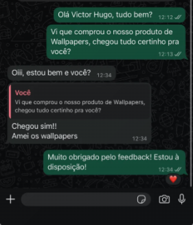 Feedback no WhatsApp: Victor Hugo confirma o recebimento e diz que amou os wallpapers.