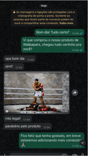 Feedback no WhatsApp: cliente mostra wallpaper de boxe no computador e parabeniza pelo produto.