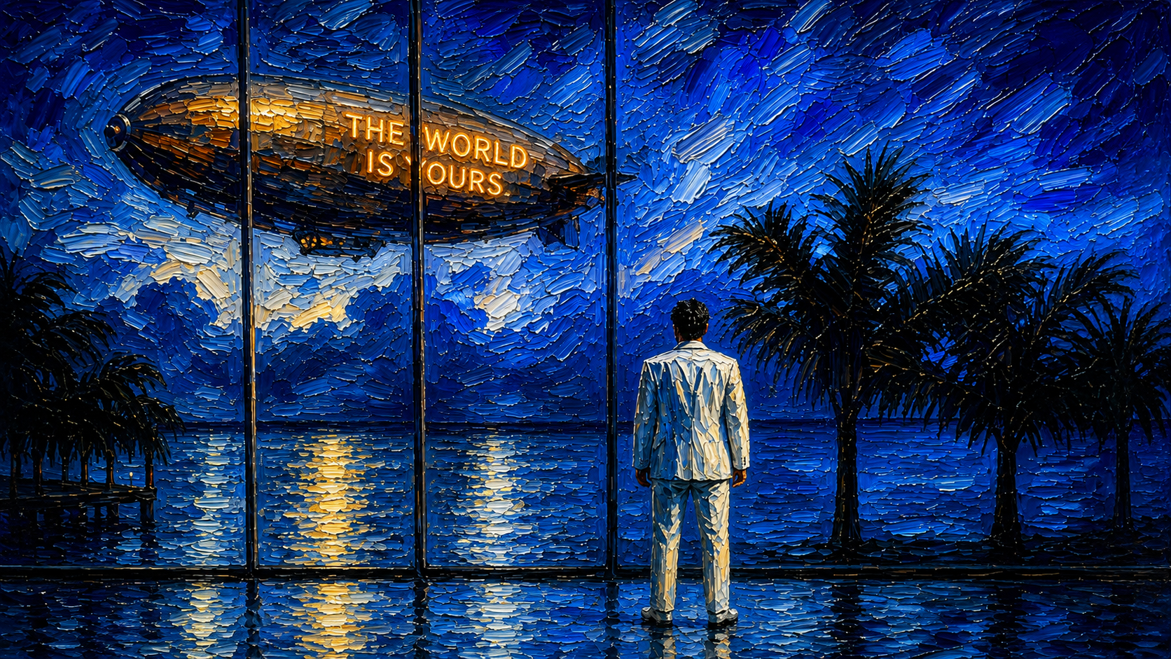 Dirigível iluminado sobre o mar noturno, em pintura azul e dourada