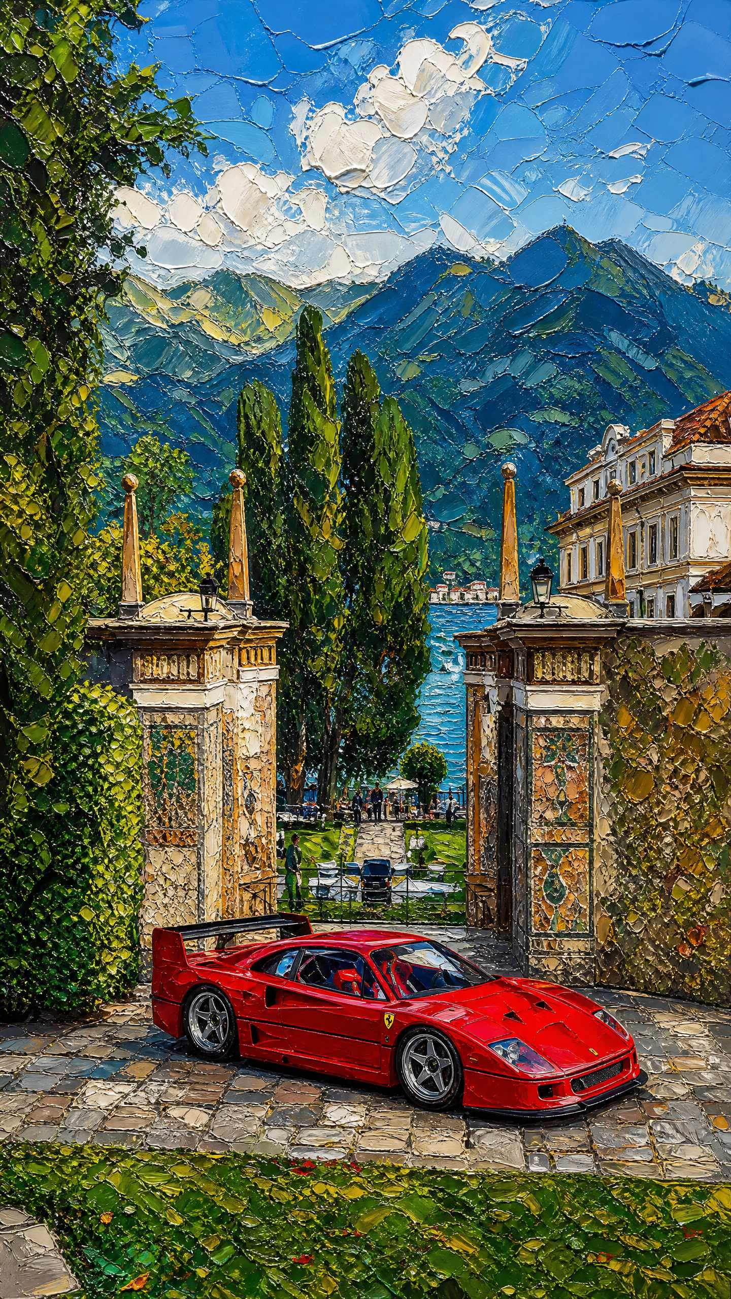 Ferrari vermelha diante de uma vila entre montanhas e jardins