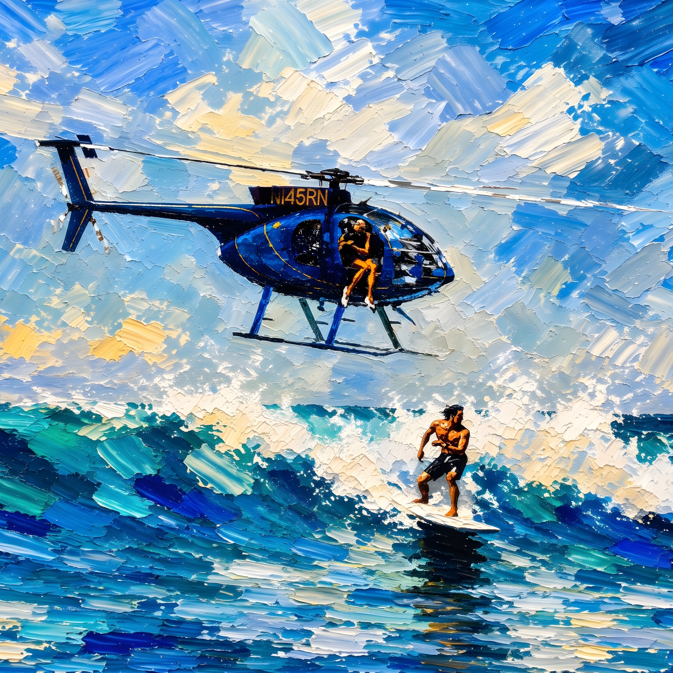 Surfista nas ondas sob um helicóptero azul