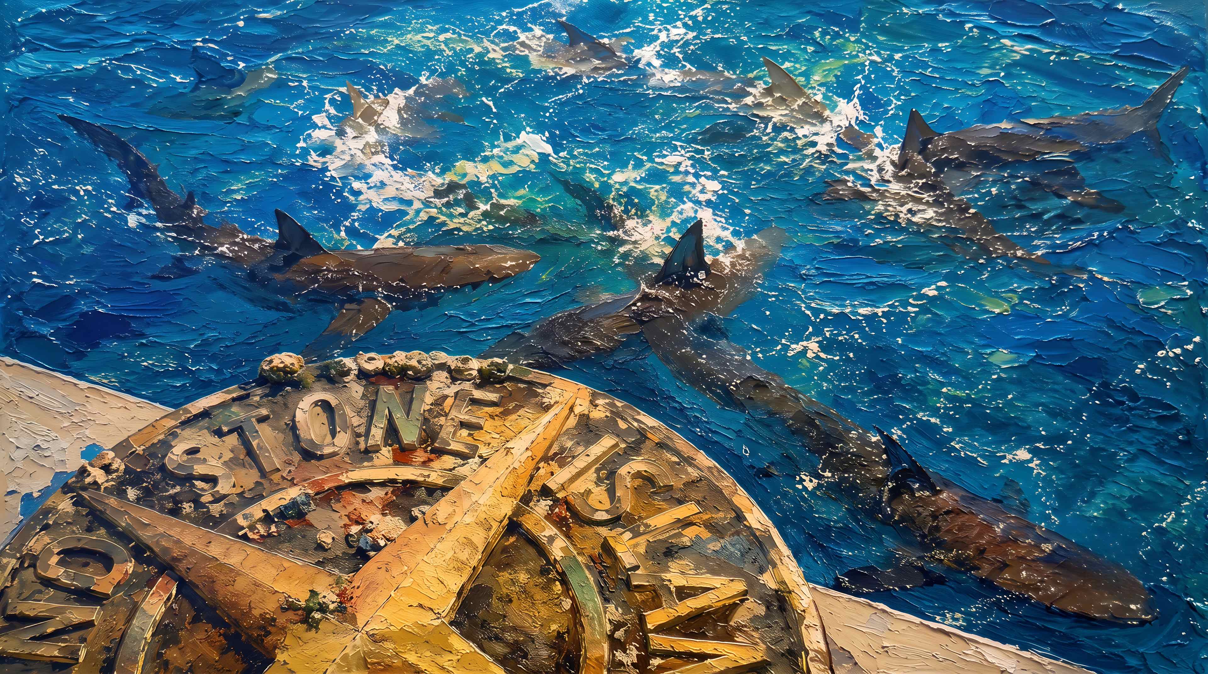 Pintura de tubarões no mar azul com uma bússola dourada em primeiro plano