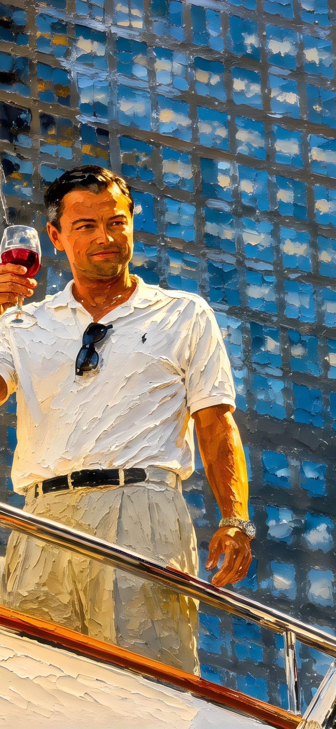 Pintura de um homem de branco erguendo uma taça em um iate diante de um edifício azul