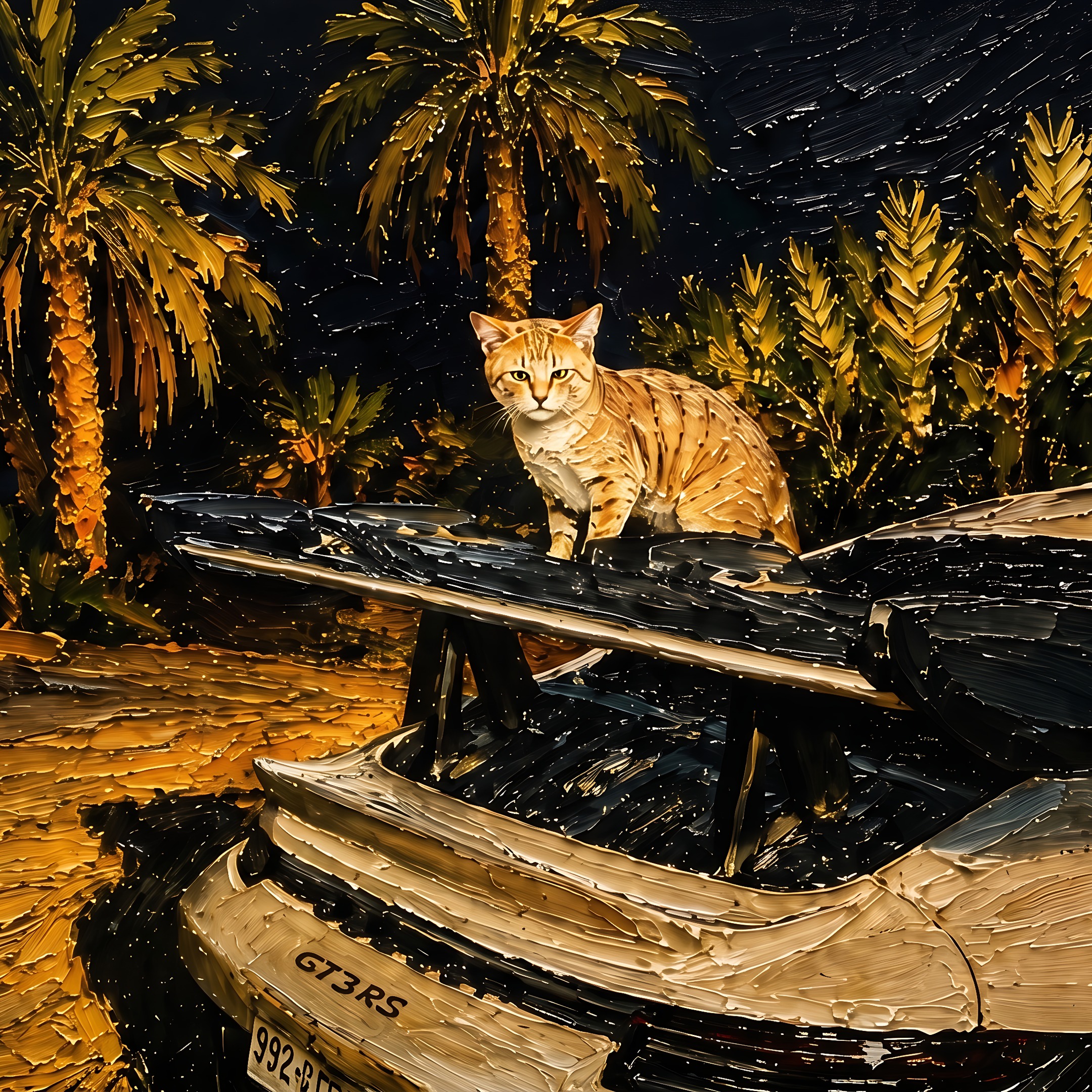 Pintura em tons dourados de um gato sobre um Porsche com palmeiras à noite