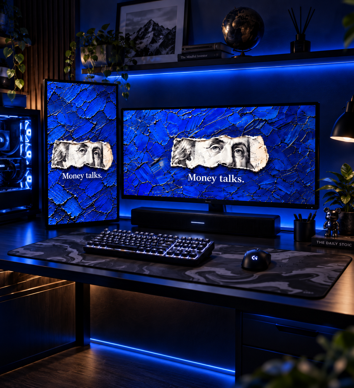 Estação de trabalho com iluminação azul e dois monitores exibindo o wallpaper Money talks.